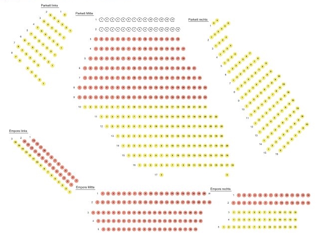 1. Platz:
Parkett Mitte Reihe 3-9
Empore links Reihe 1+2
Empore Mitte (komplett )
Empore rechts Reihe 1+2

2. Platz:
Parkett links ( komplett )
Parkett Mitte Reihe 10-17
Parkett rechts (komplett )
Empore links Reihe 3
Empore rechts Reihe 3-5